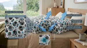 Microscopic view illustration of an open-cell polymer matrix and charcoal core for temperature regulation and freshness.