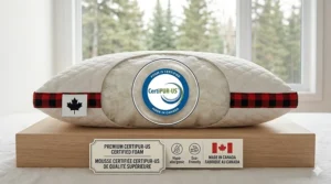 A detailed photorealistic cross-section of a soft pillow for stomach sleepers featuring a CertiPUR-US certification seal and bilingual labels for hypoallergenic and made-in-Canada quality.