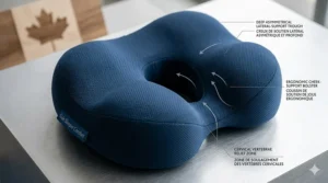 Travel pillow for side sleepers compressed into a small carry-on bag for WestJet travel. / Oreiller de voyage pour dormeurs sur le côté compressé dans un petit sac de cabine pour un voyage avec WestJet.