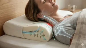 Close-up diagram of a contoured memory foam pillow for neck and shoulder pain with arrows indicating airflow and pressure points.