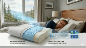 An illustration of a contoured pillow with a shoulder cut-out to reduce pressure for side sleepers.