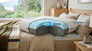 A cross-section illustration of a pillow showing cooling gel and adaptive comfort layers for shoulder support.