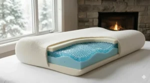 Detailed cross-section of a memory foam pillow revealing integrated cooling gel beads for temperature regulation in Canadian homes.