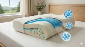 Cross-section illustration of a memory foam pillow featuring a cooling gel layer for temperature regulation during humid Canadian summers.