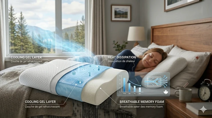 Illustration of breathable cooling gel layers in a pillow, perfect for hot Canadian summer nights. side sleeper pillow buying guide