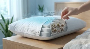 Cooling hypoallergenic pillow for side sleepers with bilingual English and French labels highlighting temperature regulation.