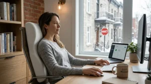 Illustration of a professional using a cervical support pillow for neck relief while working from a home office in Montreal.