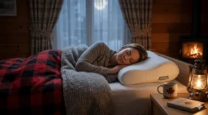 Product packaging for a neck pain pillow featuring bilingual English and French text for the Canadian market.