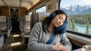 Close-up of ergonomic side-bolster design on a premium travel pillow. / Gros plan sur la conception du traversin latéral ergonomique d'un oreiller de voyage haut de gamme.