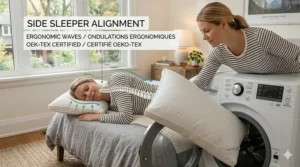 Diagram of a side sleeper using a washable pillow that maintains proper spinal alignment and neck support.