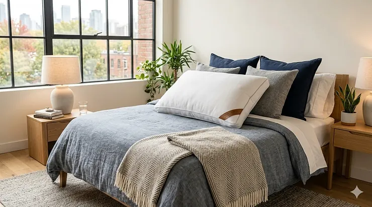 A premium medium loft pillow for back sleepers displayed in a bright, modern Canadian bedroom with city views.