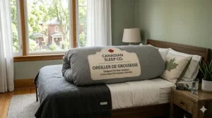 A detailed photorealistic illustration set in a sunlit Canadian bedroom, showcasing the alignment and support zones of a U-shaped pregnancy pillow for side sleepers.