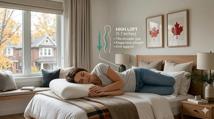 Firm high-loft pillow providing neck support for side sleepers to align the spine.