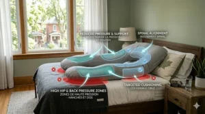 A detailed diagram highlighting how a contoured pregnancy pillow relieves pressure points on the hips for side sleepers during pregnancy.