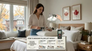Diagram showing how to measure pillow loft height in inches and centimeters for the perfect fit.