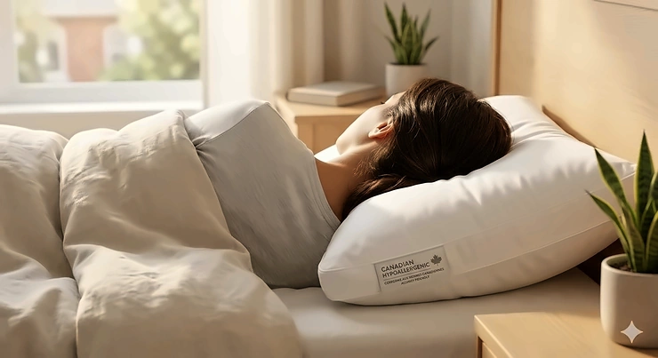 A high-loft hypoallergenic pillow for side sleepers on a modern bed in a Canadian home setting, providing neck support and allergen protection.