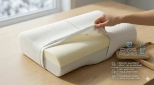 Illustration of a cervical support pillow with a removable, hypoallergenic cover—housse lavable et hypoallergénique.