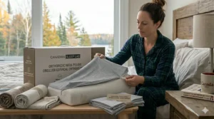 Illustration of a removable, hypoallergenic bamboo cover being zipped onto an orthopedic pillow for neck pain.