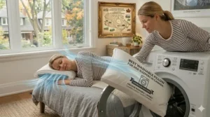 Illustration showing how washing the pillow removes allergens, perfect for side sleepers with sensitivities.