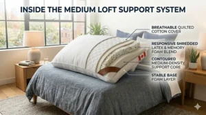 Cross-section view of the multi-zone support foam and breathable cooling fibers inside a medium loft pillow.