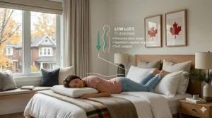 Ultra-thin low-loft pillow for stomach sleepers to prevent neck strain and maintain neutral alignment.