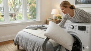 Illustration of a machine washable pillow for side sleepers being placed in a high-efficiency washing machine.