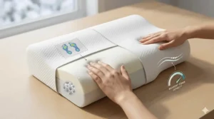 Close-up illustration of the ergonomic contour and high-density memory foam of a cervical support pillow.
