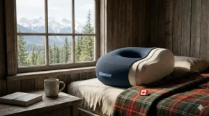 High-density memory foam core of a travel pillow designed for side sleeper support. / Noyau en mousse à mémoire de forme haute densité d'un oreiller de voyage conçu pour le soutien latéral.