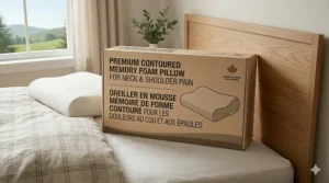 Product illustration featuring bilingual English and French "Oreiller en mousse à mémoire de forme" packaging for the Canadian market.