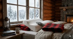 A cozy memory foam pillow for neck pain next to a warm duvet, ideal for cold Canadian nights.