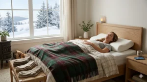 Cozy Canadian bedroom setting with a memory foam pillow for neck and shoulder pain on a bed with thick flannel sheets.