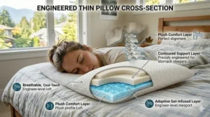Cutaway illustration of the memory foam layers inside a premium thin pillow for stomach sleepers sold in Canada.