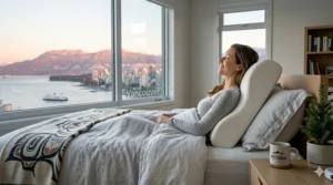 A person waking up refreshed and pain-free in Vancouver thanks to an orthopedic cervical support pillow.