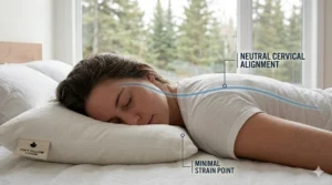An intimate photorealistic illustration capturing a close-up of a person in a stomach-sleeping position with a blue line trace demonstrating neutral cervical alignment and minimal strain points.