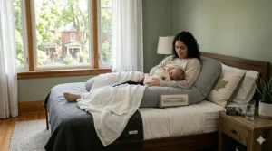 An illustrated transformation guide showing how the side-sleeper pregnancy pillow converts into a nursing pillow for Canadian moms (mode allaitement).