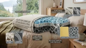 Illustration emphasizing eco-friendly materials like an organic cotton cover and plant-based memory foam layers.