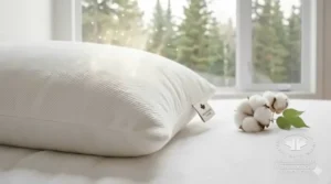 A macro photorealistic photograph focusing on the textured GOTS-certified organic cotton cover of a soft pillow with bilingual English and French organic certification seals and a maple leaf logo.