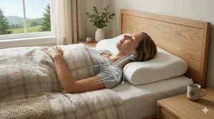 Illustration showing the side profile of a sleeper with a memory foam pillow supporting the cervical spine and relieving shoulder pressure.