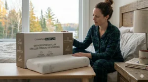 Product packaging for an orthopedic pillow for neck pain featuring bilingual English and French text for the Canadian market.