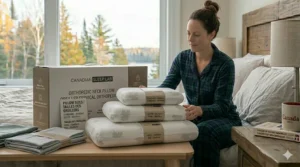 Comparison chart of orthopedic pillow sizes available in Canada, from Standard to King.