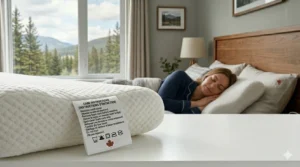 Close-up illustration of a pillow care label featuring bilingual English and French instructions.