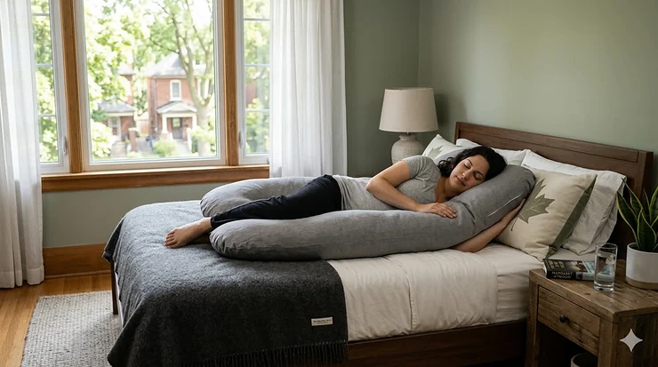 A technical diagram illustrating the full-body support of a U-shaped pregnancy pillow for side sleepers, including back and belly cushioning, in a Canadian bedroom setting.