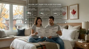Sleep position guide (guide de positions de sommeil) showing ideal pillow height (hauteur d'oreiller) for comfort.