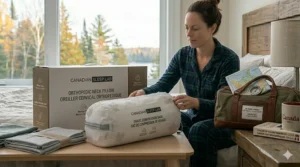 A compact version of an orthopedic pillow for neck pain side sleeper, perfect for road trips across Canada.