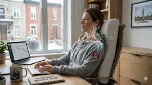 Illustration showing how a cervical support pillow helps correct tech neck for students and office workers across Canada.