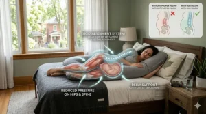 A photorealistic technical illustration with high detail, set in a sunlit Canadian bedroom, showcasing the alignment and support zones of a U-shaped pregnancy pillow for side sleepers.