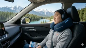 A passenger napping with a travel pillow for side sleepers during a long Canadian road trip. / Un passager fait une sieste avec un oreiller de voyage pour dormeurs sur le côté pendant un long voyage en voiture au Canada.