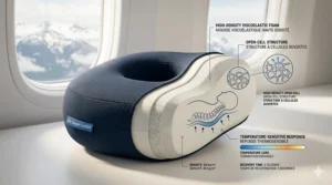 Diagram showing proper spinal alignment for side sleepers using a supportive travel pillow. / Schéma montrant l'alignement de la colonne vertébrale pour les dormeurs sur le côté avec un oreiller de voyage de soutien.