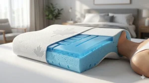 Illustration showing proper spinal alignment for side sleepers using a contoured pillow to prevent neck strain.