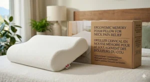 Illustration of a side sleeper using a contoured pillow to prevent morning neck stiffness.